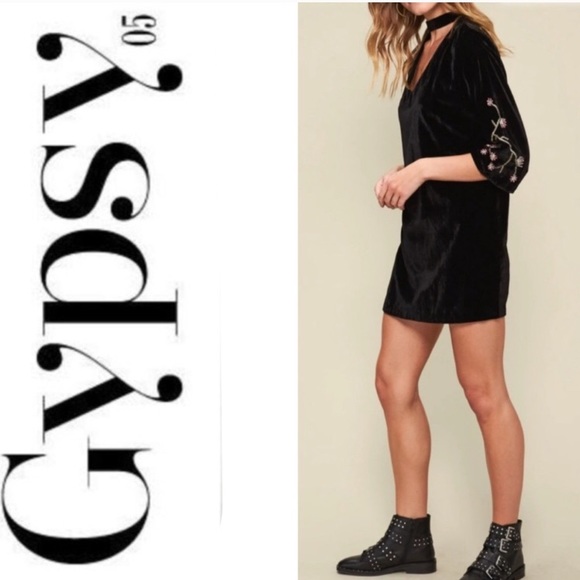 NWT Gypsy 05 Global Village Velvet Velour Black Floral Embroidered Mini Dress - Picture 10 of 10